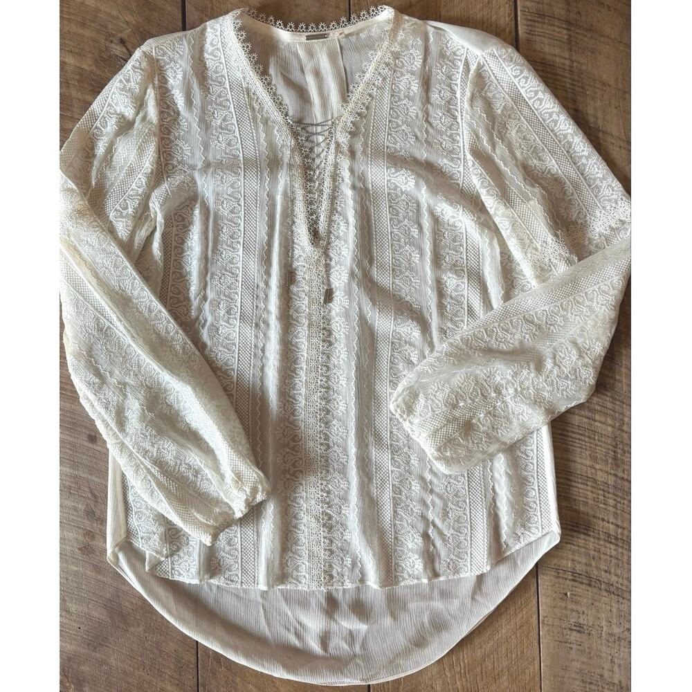 Elie Tahari Women’s SMALL Embroidered Sheer Lace Ivory Silk Top — Boho Style